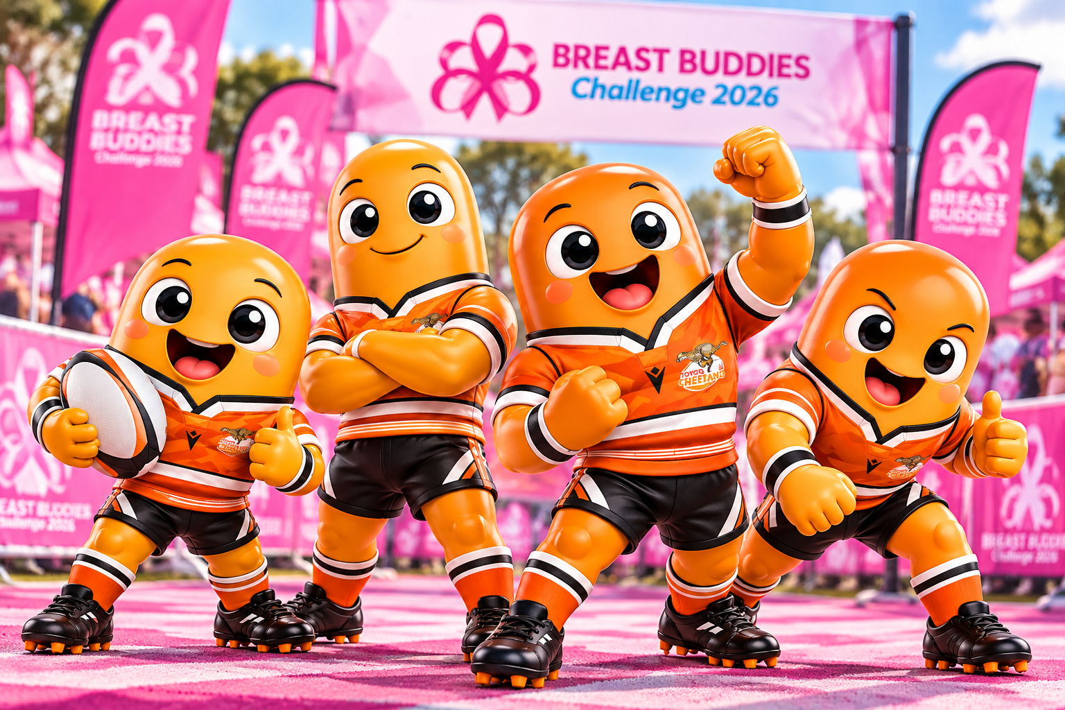Vier vrolike oranje kapsule-karakters in Cheetahs-rugbytruie by die Breast Buddies Challenge — nie spesifieke spelers nie